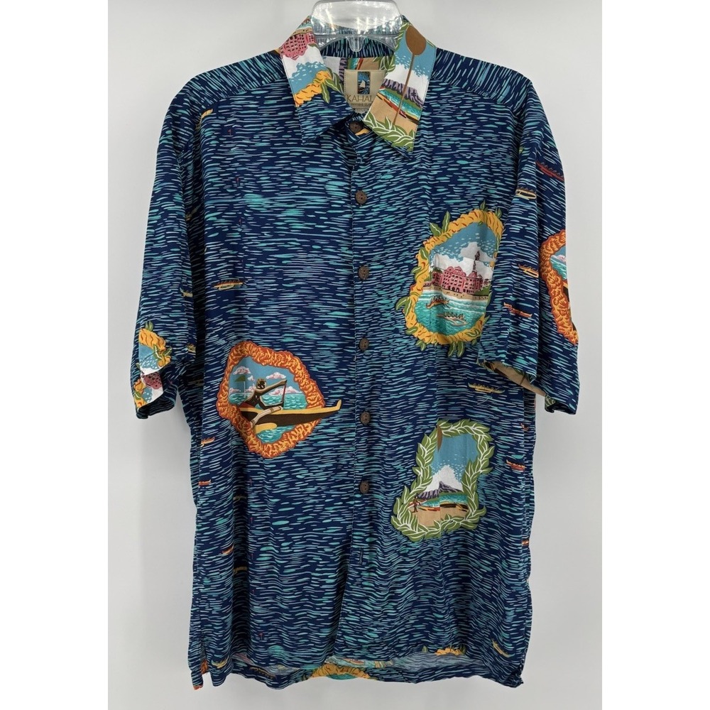 Kahala Standard Classic Fit Hawaiian Shirt Mens M Blue Ocean Rayon M36 Vintage